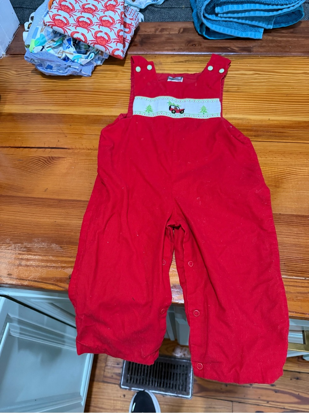 Unbranded Red Corduroy Kids Overalls with Embroidered Truck